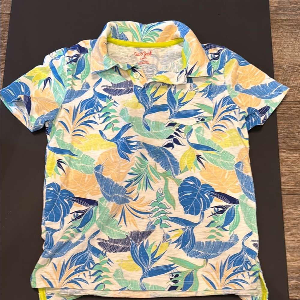 Cat & Jack Blue Green Polo Shirt Vibrant Tropical Print Size 6/7 Boys